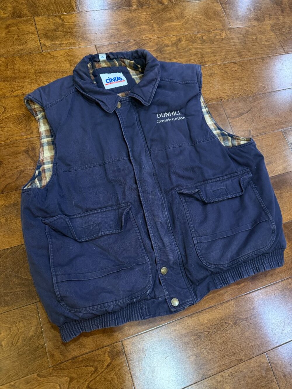 Vintage Cintas Canvas Workwear Vest Mens L Navy Blue Plaid Lined Snap Front